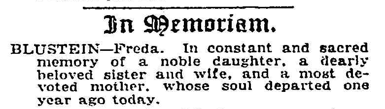 Jan 30 1920 Memorial Notice for Freda Blustein in NYT